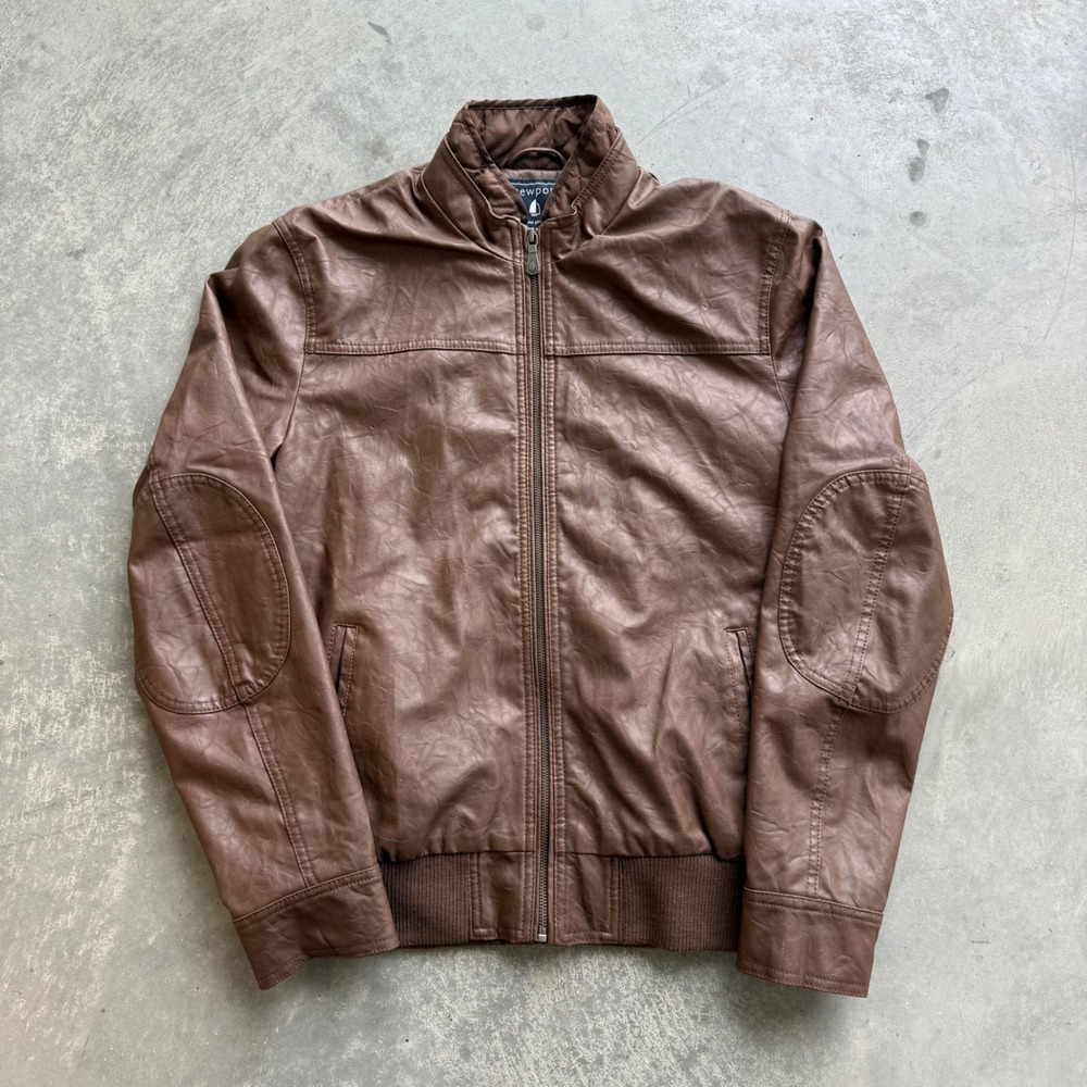 Newport Collections Mens Brown Faux Leather Bomber Jacket Elbow Patches Size M